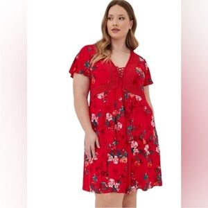 Torrid red floral mini gauze lace-up skater dress Size 2XL